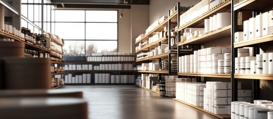Obraz premium Sunlit warehouse interior with shelves stocked with various products.
