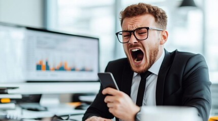 Frustrated businessman yelling at smartphone in modern office stressful work environment emotional reaction