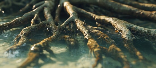 Mangrove roots in shallow water.