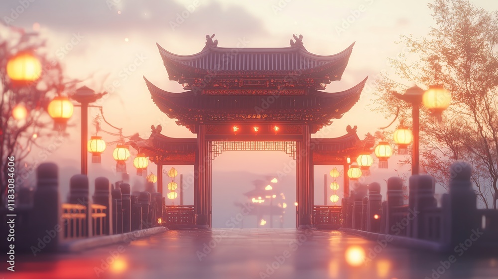 Poster stylized minimalistic depiction of lanterns and fireworks in a dark sky with golden sparkles, clean 
