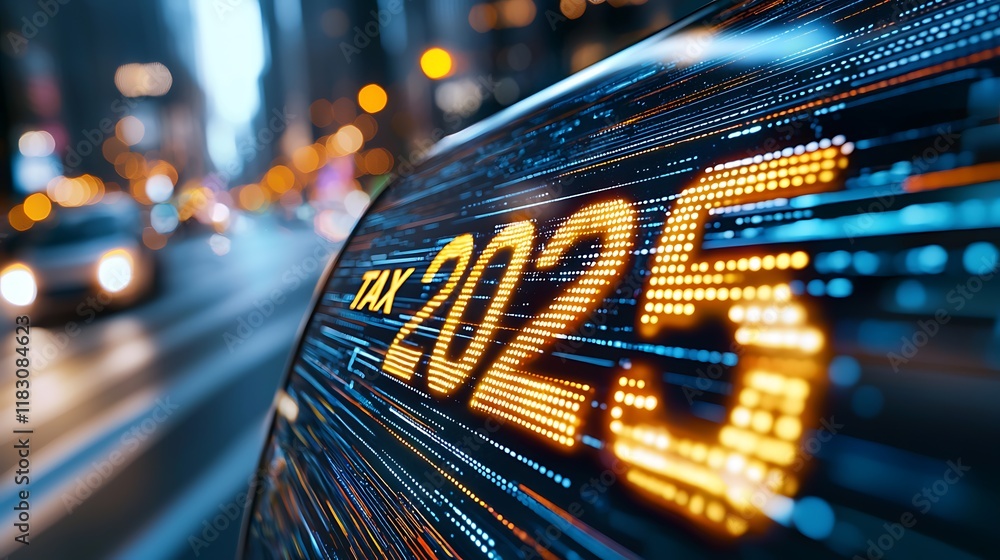 Poster futuristic holographic matrix display with glowing golden tax text element in a dynamic fast paced m