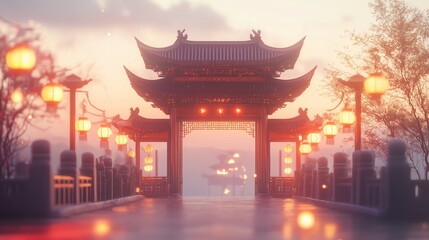 Fototapeta premium Stylized minimalistic depiction of lanterns and fireworks in a dark sky with golden sparkles, clean negative space for text placement.