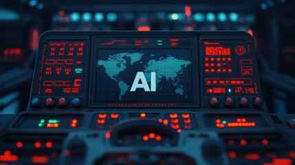 Ai control panel displaying global map and data insights high-tech environment futuristic viewpoint