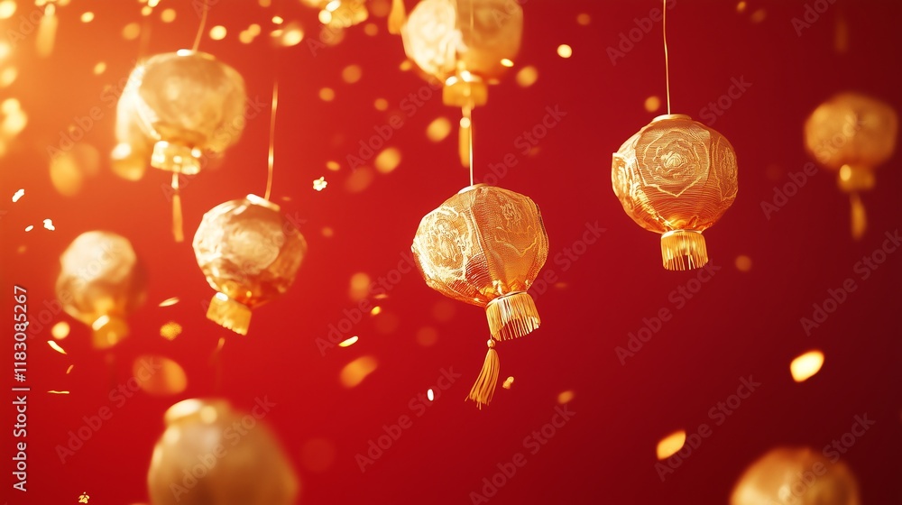 Poster golden chinese lanterns floating against a red background with intricate gold designs, creating a fe