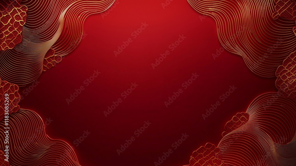Poster chinese new year banner with a rich red background and golden chinese wave patterns in each corner, 