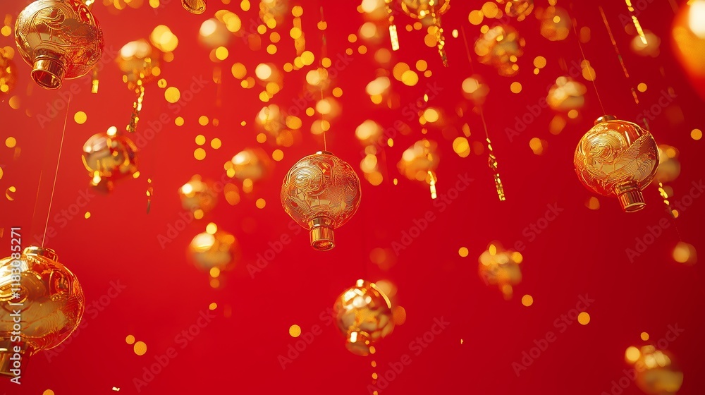 Poster golden chinese lanterns floating against a red background with intricate gold designs, creating a fe