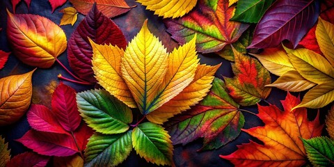 Fototapeta premium Lush Watercolor Autumn Leaves, Deep Red & Yellow Fall Foliage, Dark Background Stock Photo