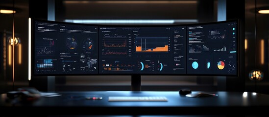 Obraz premium Ultrawide monitor displaying data analytics dashboards in a modern workspace.