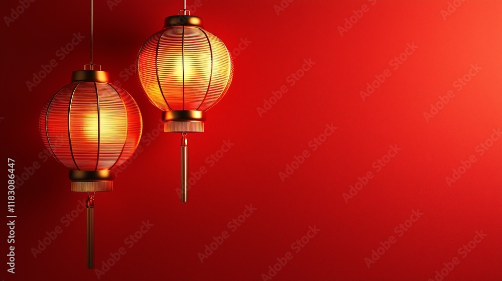Poster minimalist chinese new year design with glowing golden and red lanterns in the top corners, creating