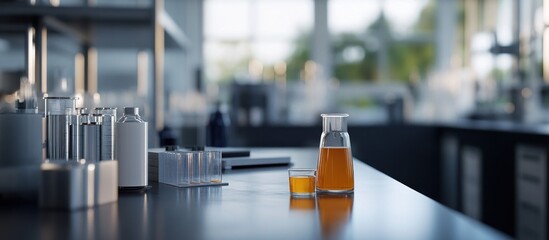 Amber liquid in lab glassware on a stainless steel counter.