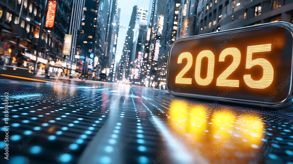 Poster glowing metallic grid with a luminous golden 2025 display set against the backdrop of a futuristic u