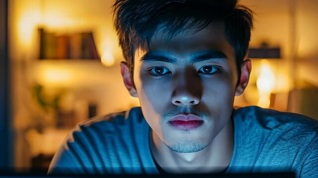 A young Asian man intensely focuses on his computer screen late at night. His expression shows deep concentration in a dimly lit room, highlighting themes of dedication and technology use.