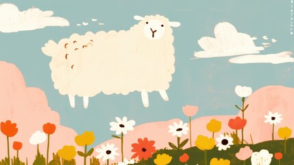 Sheep watercolor concept. Cheerful Sheep Frolicking in a Colorful Floral Field Landscape