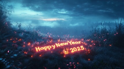 Obraz premium Magical New Year 2025 Night Scene Glowing Lights in Field