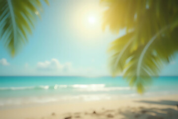 Natural blurred defocused background for concept summer vacation. Nature of tropical summer beach with rays of sunlight.
