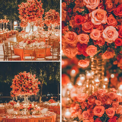 An extravagant Indian traditional dinner arrangement in a large ballroom with lush green foliage accents and colorful floral arrangements mostly composed of orange and rust-orange marigolds