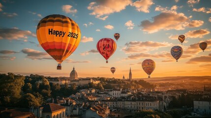 Obraz premium Happy 2025 Hot Air Balloons Festival Over Cityscape at Sunset