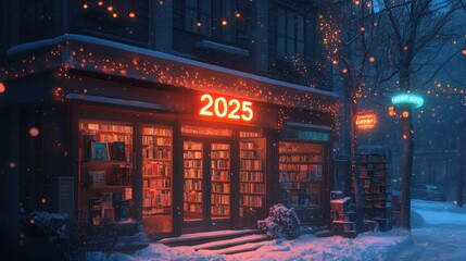 Obraz premium Cozy Bookstore 2025 New Year s Eve Snowfall Night Scene