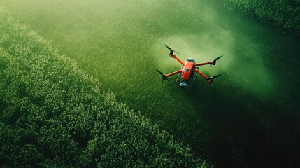 Fototapeta premium High-tech agricultural drone spraying fertilizer over lush green fields, advanced farming innovation.