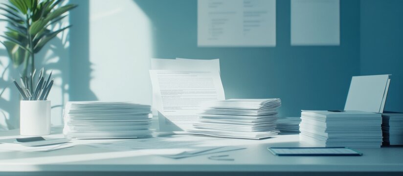Sunlit desk with stacks of paperwork, tablet, and plant.