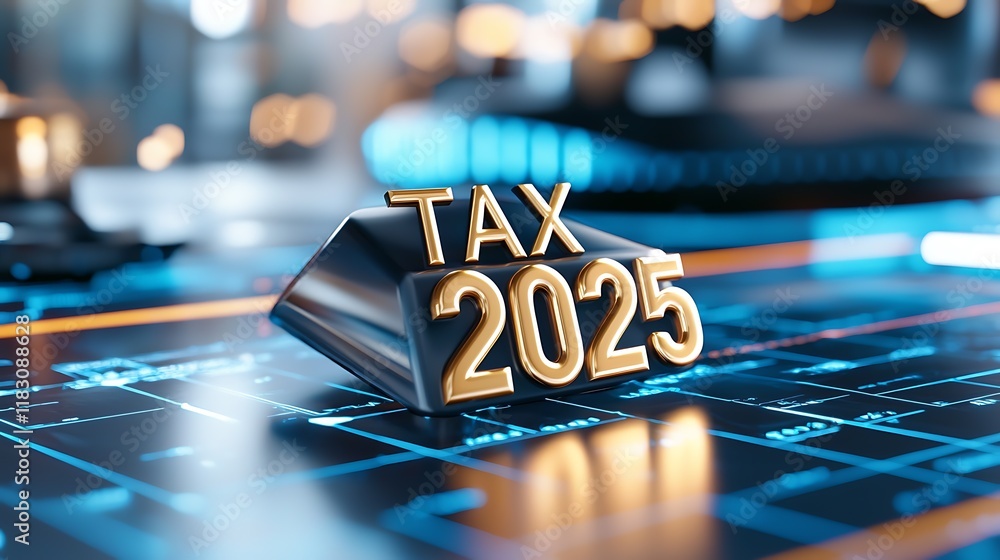 Poster metallic gold glowing futuristic tax 2025 text on digital technology background 3d render of future 