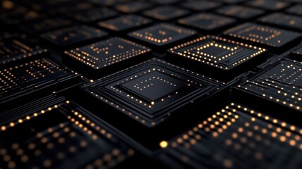 Abstract 3D rendering of interconnected microchips with glowing connectors.