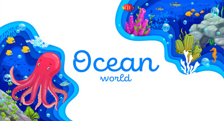 Paper cut underwater landscape with cartoon fish and sea animal characters. Ocean world vector banner of cute octopus, tropical fish, seahorse and sea bottom seaweeds with 3d paper cut layered borders