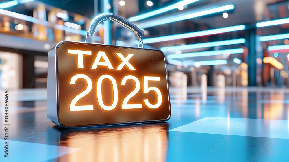 Poster glowing futuristic pathways with metallic tax 2025 signage in a digital technology driven backdrop t