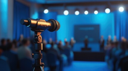 Close-up of microphone on tripod at conference, blurry audience and stage in background.