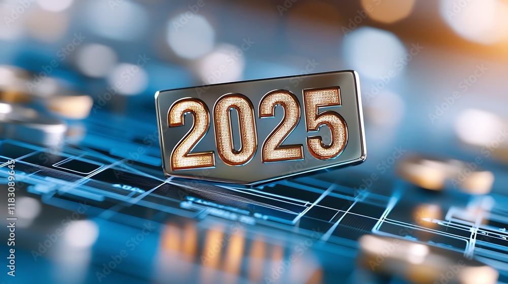 Poster metallic 2025 floating in a dynamic blue financial backdrop abstract 3d render of the year 2025 in a