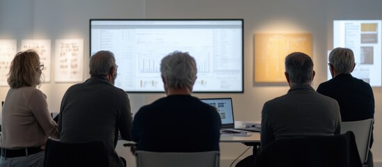 Fototapeta premium Four senior people reviewing data on a large screen during a meeting.