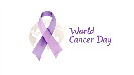Delicate watercolor painting of a World Cancer Day awareness design featuring a translucent purple ribbon and globe illustration