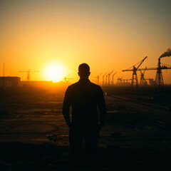 Man Standing In From Of A Bleak Industrial Landscape At Sunset.