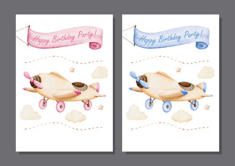 Watercolor Vector set of Blue and Pink Vintage Airplanes for Invitation Card Template Design