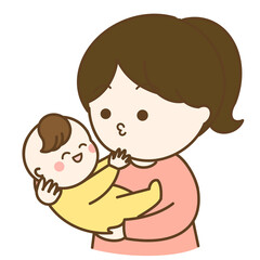 あやすポニーテールのお母さんと笑う赤ちゃんのイラスト
