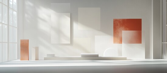 Fototapeta premium Minimalist white room interior with geometric shapes and sunlight.