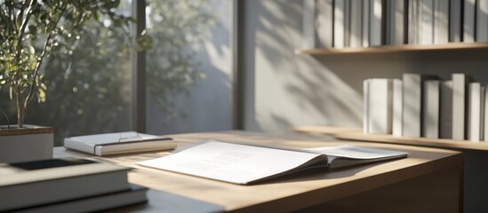 Sunlit desk with open book, plant, and bookshelves.
