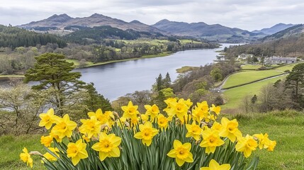 Springtime Daffodils and Serene Loch Landscape View
