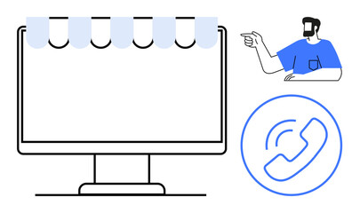 Computer monitor with tabs, man pointing, phone call symbol. Ideal for tech support, customer service, communication, digital interface, guidance remote work tutorials. Minimalist abstract line