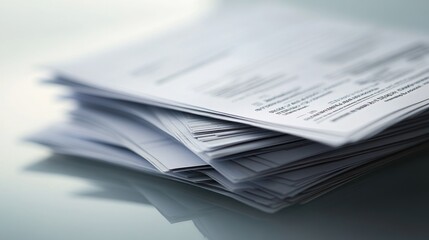 Close-up of a stack of papers on a reflective surface.