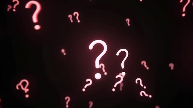 Animation of multitude glowing question marks flying in the dark.