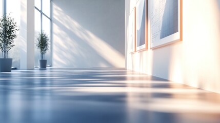 Fototapeta premium Sunlit modern gallery interior with plants and artwork.