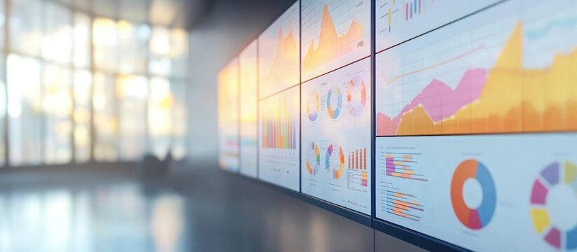 Data visualization on a wall of monitors in a modern office.
