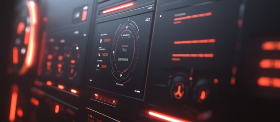 Obraz premium Futuristic car dashboard with red illuminated digital interface and gauges.