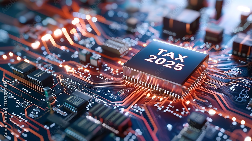 Poster glowing and illuminated digital pathways with a metallic tax symbol highlighted on a complex circuit