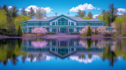 Fototapeta premium Springtime Reflection Lakeside Mansion Serenity