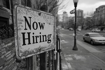 A Now Hiring sign is posted outside a café in a bustling area. People stop to glance at the sign before continuing on their way