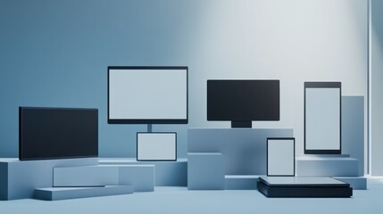 Modern devices on geometric platforms, blank screens, technology mockup.