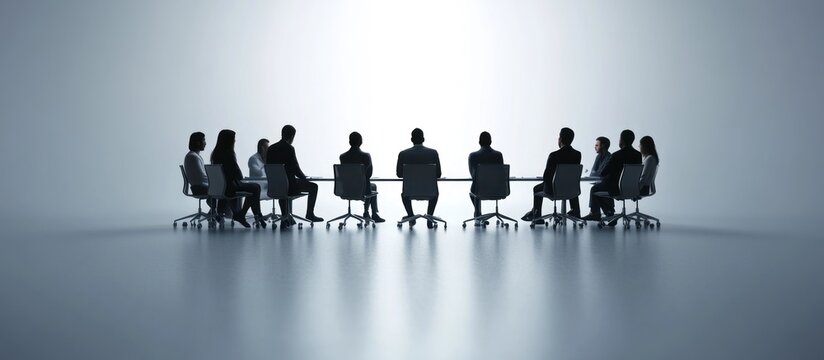 Silhouetted businesspeople seated around a conference table in a bright room.