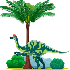 Cartoon prehistoric Hypacrosaurus dinosaur character. Isolated vector duck-billed dino reptile. Ancient herbivore animal of Late cretaceous period stands under palm tree with foliage and rocks around